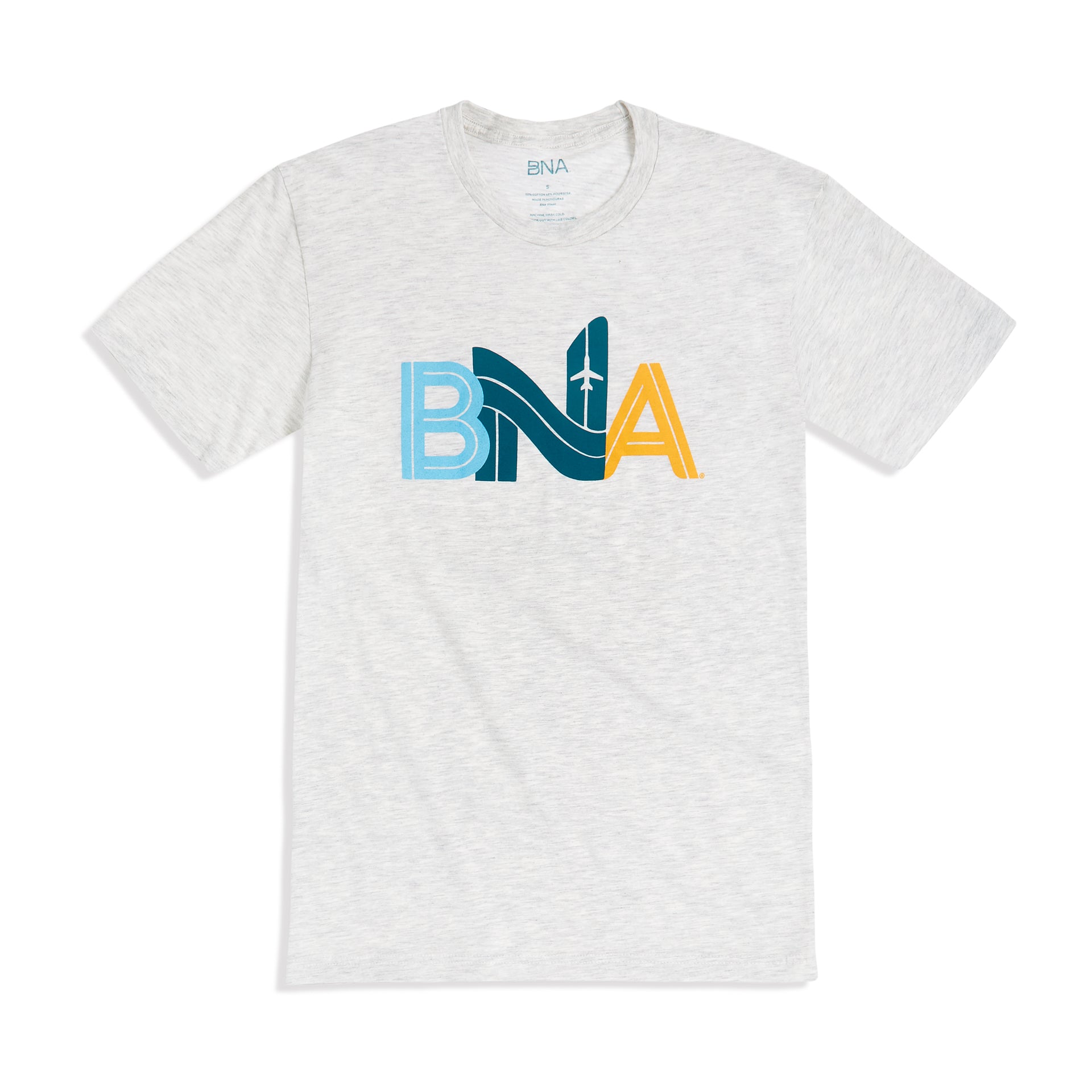 Light gray heather unisex t-shirt featuring a BNA made to appear like airfield runways. An aircraft is viewed on the N. Each letter is a differet color; the B is pale blue, N is a dark teal, and A a sunflower yellow.