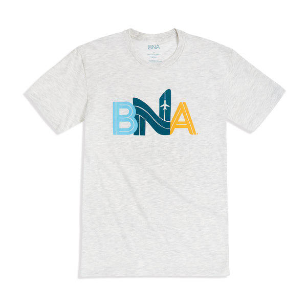 Light gray heather unisex t-shirt featuring a BNA made to appear like airfield runways. An aircraft is viewed on the N. Each letter is a differet color; the B is pale blue, N is a dark teal, and A a sunflower yellow.