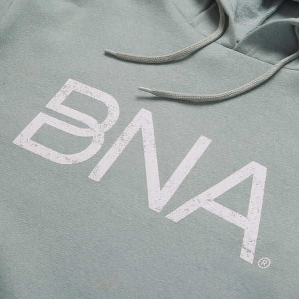 detail of distressed white BNA logo on pale blue hoodie