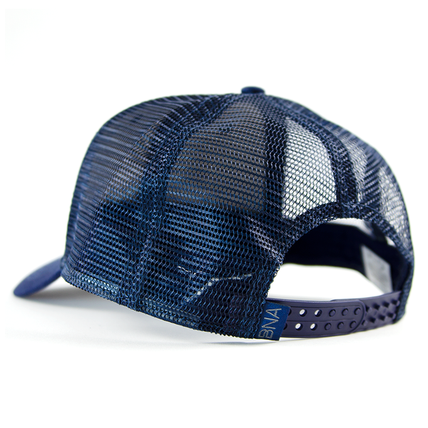 Back view of Navy BNA Patch Trucker Hat -- features snapback detail and mesh side and back panels.