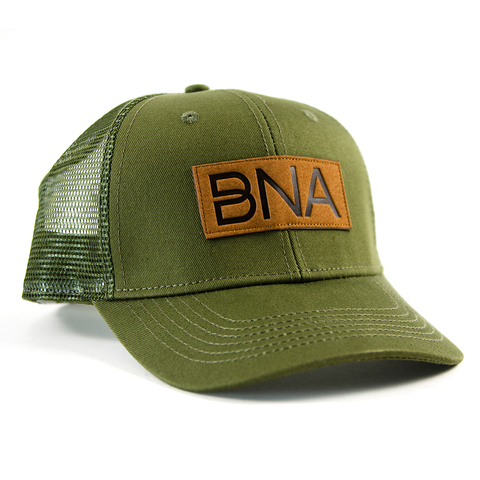 Front view of Olive Green BNA Patch Trucker Hat.  Olive Hat with mesh back and sides, brown BNA logo patch.