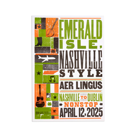 Promotional poster for a flight from Nashville to Dublin with colorful design elements.