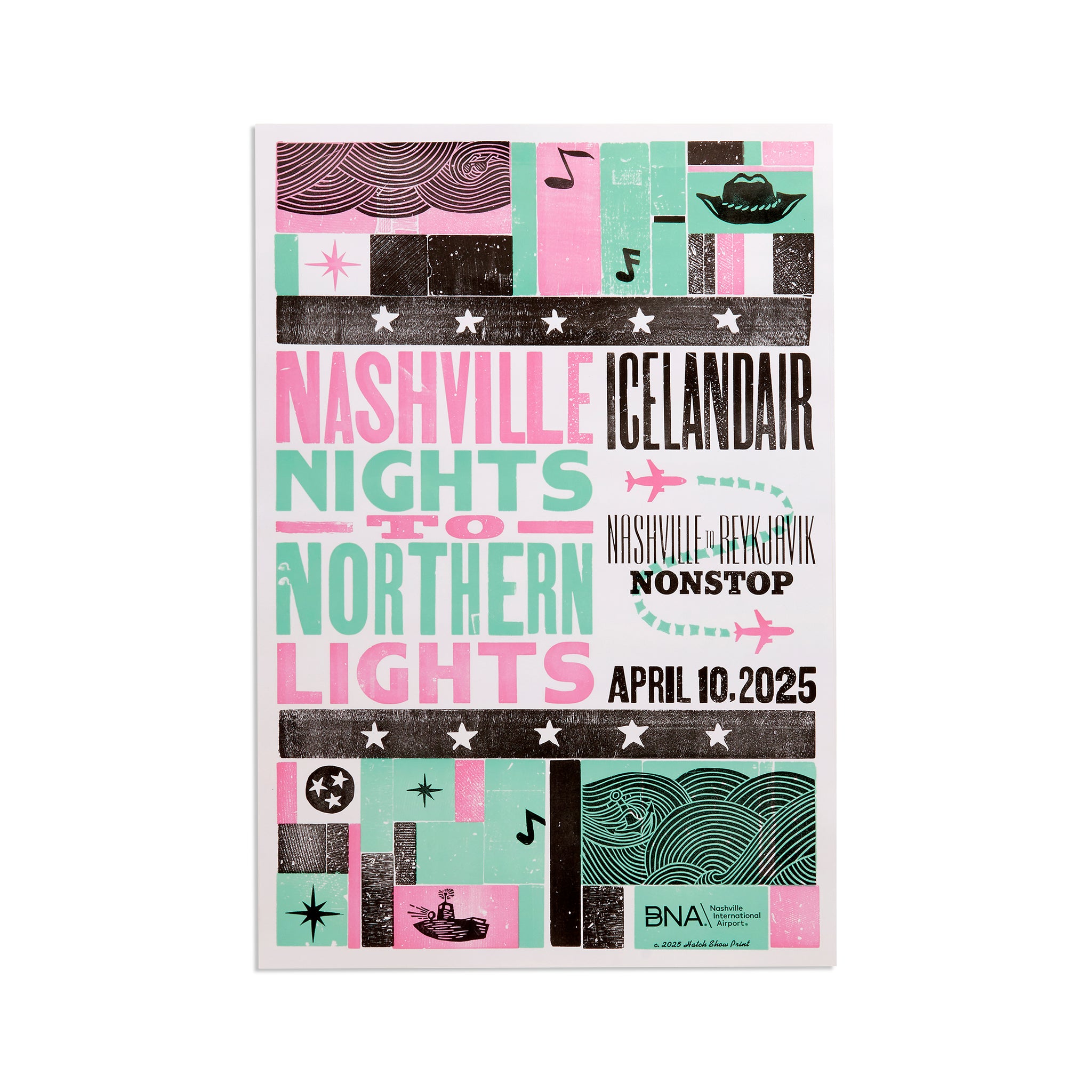 Promotional poster for a flight from Nashville to Reykjavik with colorful design elements.