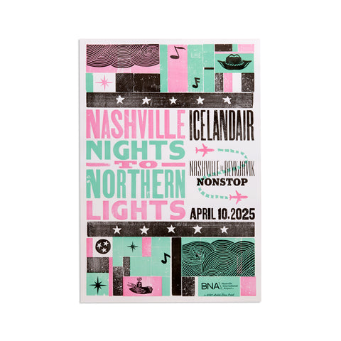 Promotional poster for a flight from Nashville to Reykjavik with colorful design elements.