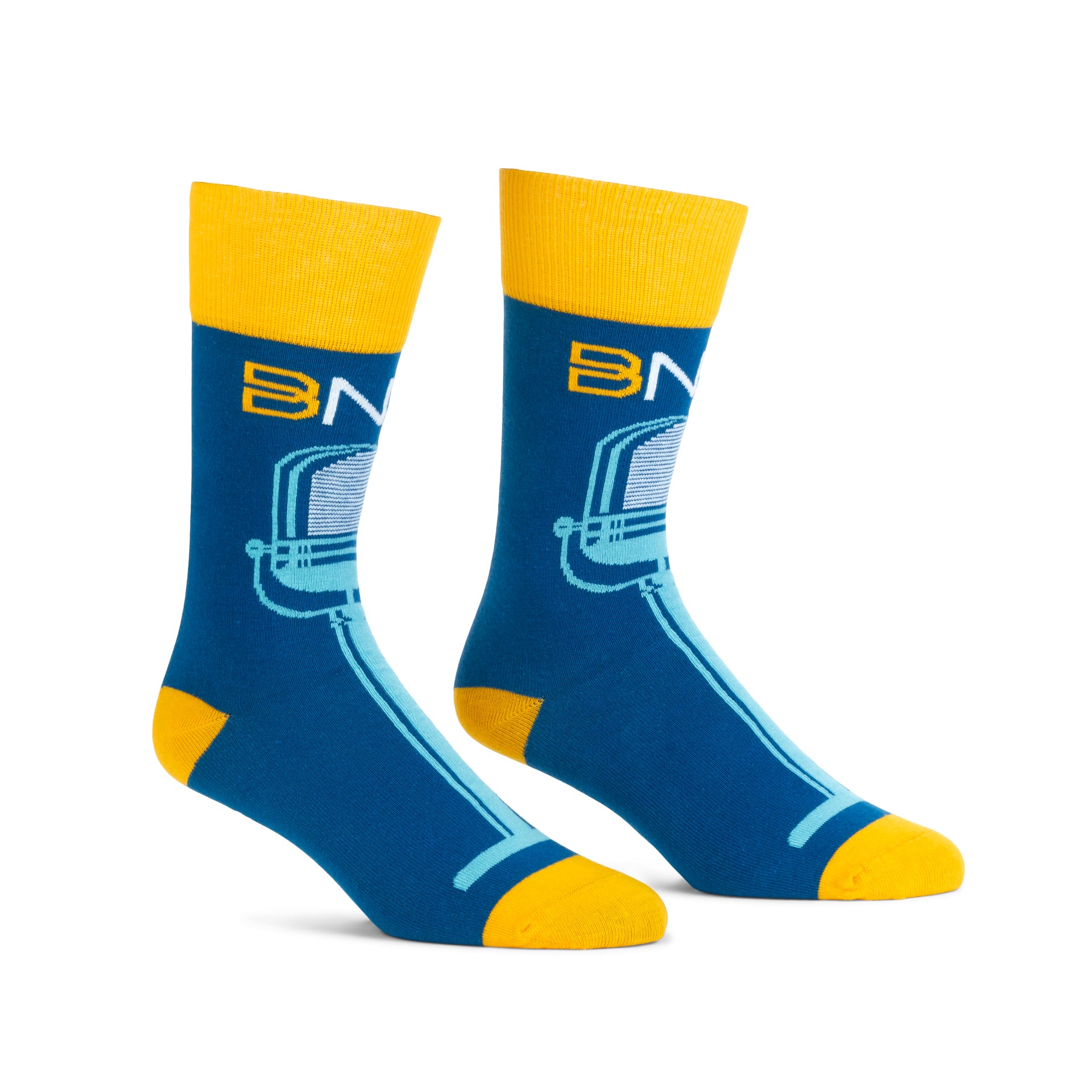 Side view of BNA Microphone Socks.  Dark blue socks with yellow cuffs, heels, and toes.  Features the BNA logo above a teal vintage microphone design vertically down the front of the socks.  BNA logo on the sole.