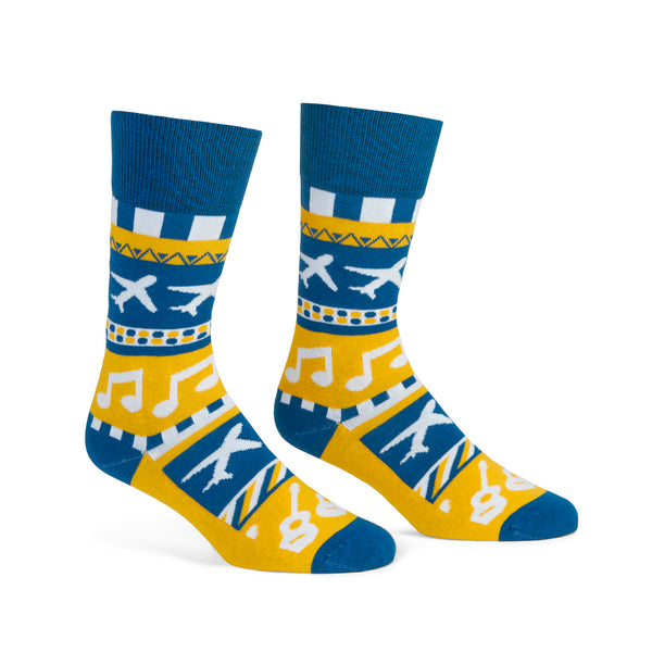 Patterned socks made to look like a sweater that feature music notes, guitars, planes, and geometric stripes in our signature color palette of blue, gold, and white.  Cuff, heel, and toe are BNA blue.