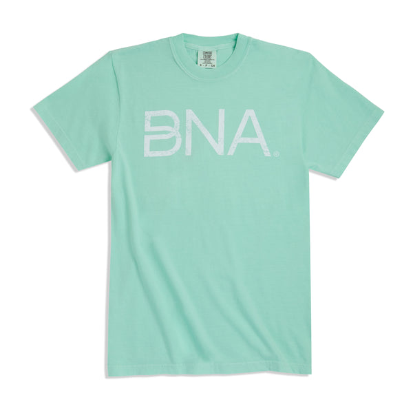 Mint green crewneck t-shirt with white distressed BNA logo centered on the chest.  BNA logo features a unique infinity "B."