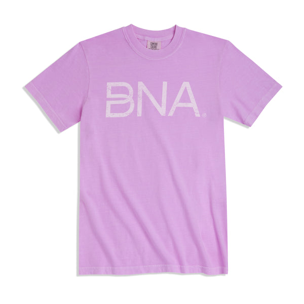 Neon violet crewneck t-shirt with white distressed BNA logo centered on the chest.  BNA logo features a unique infinity "B."