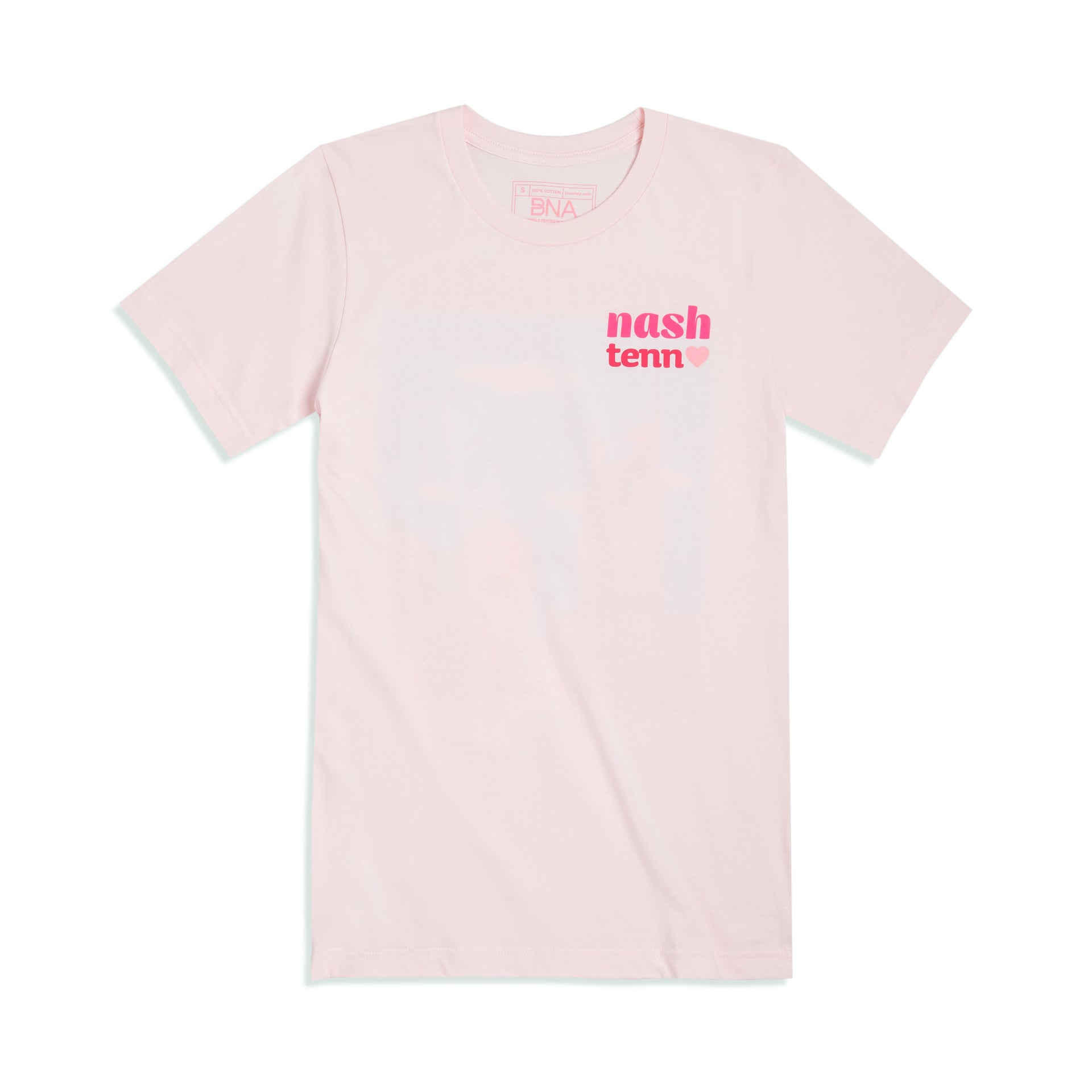 Full front view of the light pink Cityscape tee.  Left chest art says Nash Tenn with a heart in shades of pink.  