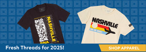 Blue background with tonal square geometric pattern is overlayed with apparel photos.  Black t-shirt with "Nashville" in white and yellow, and a swirl pattern of BNA also in white and yellow.  BNA latitude and longitude coordinates are at the top.  Cream colored tee with "Nashville on my Mind" in a retro design, with a black airplane and orange, yellow, and blue stripes.  "Fresh Threads for 2025!" at the bottom and Shop Apparel.  Links to BNA Shop Apparel Category.