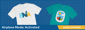 Blue background with tonal overlapping geometric pattern is overlayed with apparel photos.  Light gray tee with stylized BNA that appears like a runway, and a seafoam green tee with a window seat graphic.  "Airplane Mode: Activated" at the bottom and Shop Apparel.  Links to BNA Shop Apparel Category