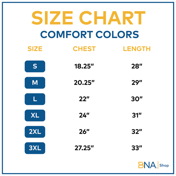 Size chart for Comfort Colors Apparel Items. For Details visit the Size Chart Page https://www.bnashop.com/pages/size-charts