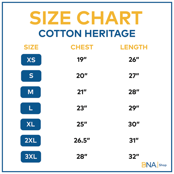 Size chart for Cotton Heritage Apparel Items.   For Details visit the Size Chart Page  https://www.bnashop.com/pages/size-charts