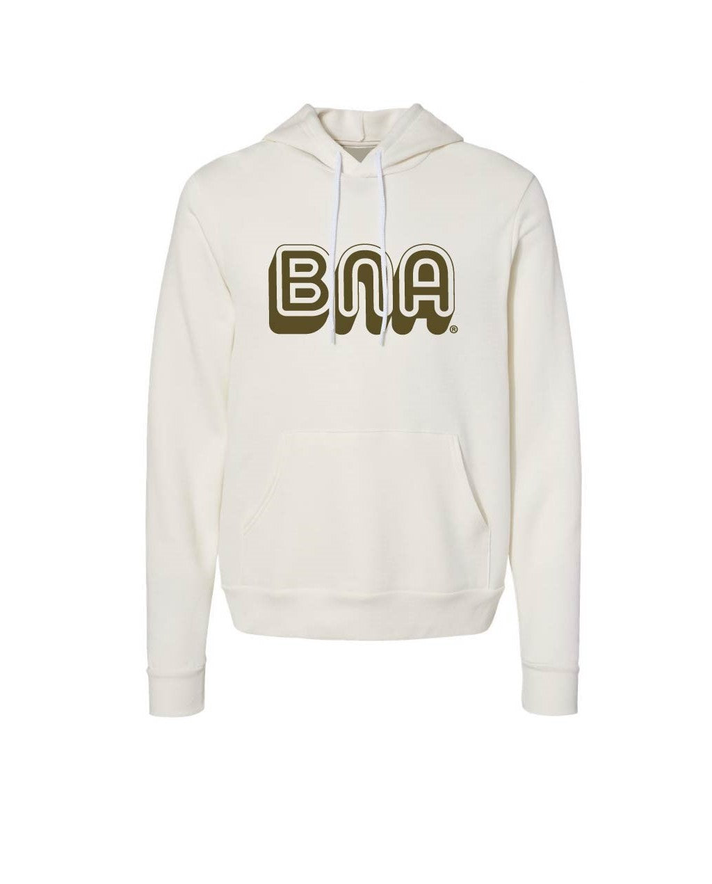 Mock-up is shown wearing vintage white hoodie with olive green BNA art on the chest.  BNA is shown in a stylized, retro bubble letter design.