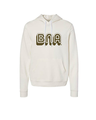Mock-up is shown wearing vintage white hoodie with olive green BNA art on the chest.  BNA is shown in a stylized, retro bubble letter design.