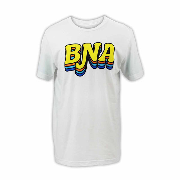 BNA Groove White T-Shirt - Front T-shirt is white with BNA in large, retro-style bubble letters. Letters are yellow, with a black outline and subsequent drop shadow in orange, aqua, and royal blue.  