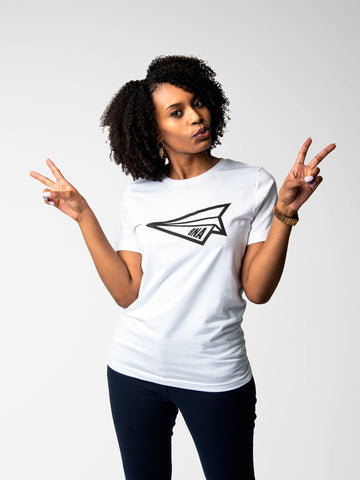 Woman wearing Paper Airplane White T-Shirt