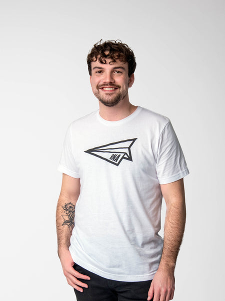 Man wearing Paper Airplane White T-Shirt
