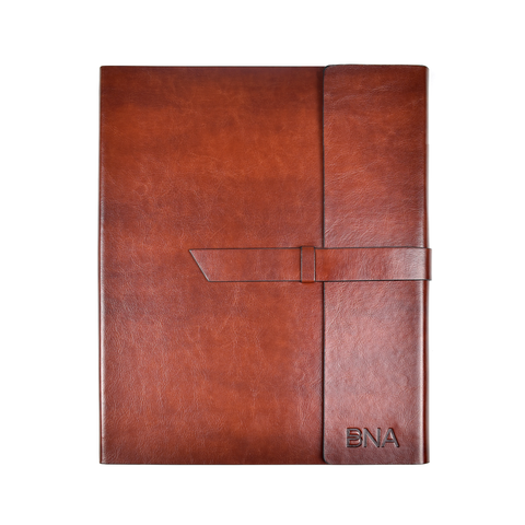 Full view of BNA embossed faux leather portfolio in cognac.