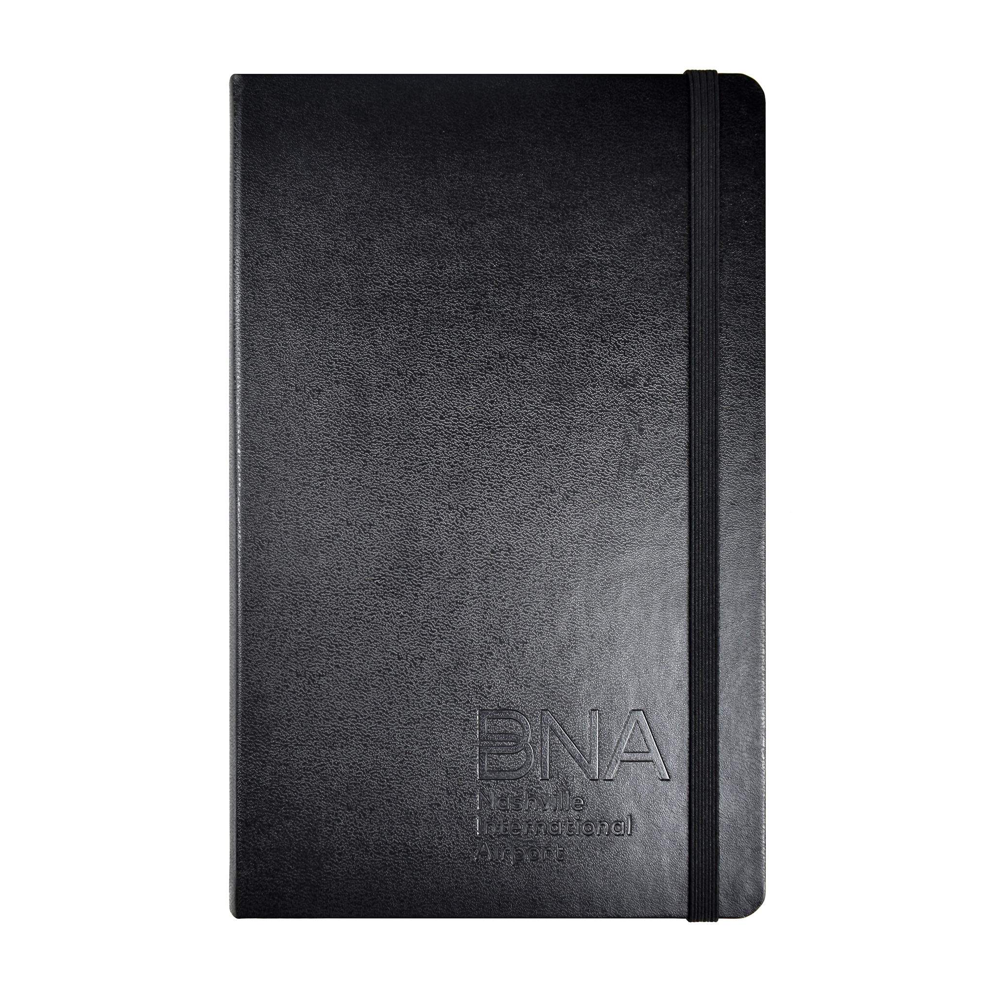 Full view of BNA embossed classic black Moleskine notebook.