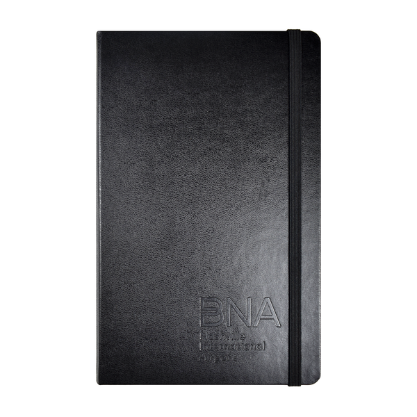 Full view of BNA embossed classic black Moleskine notebook.