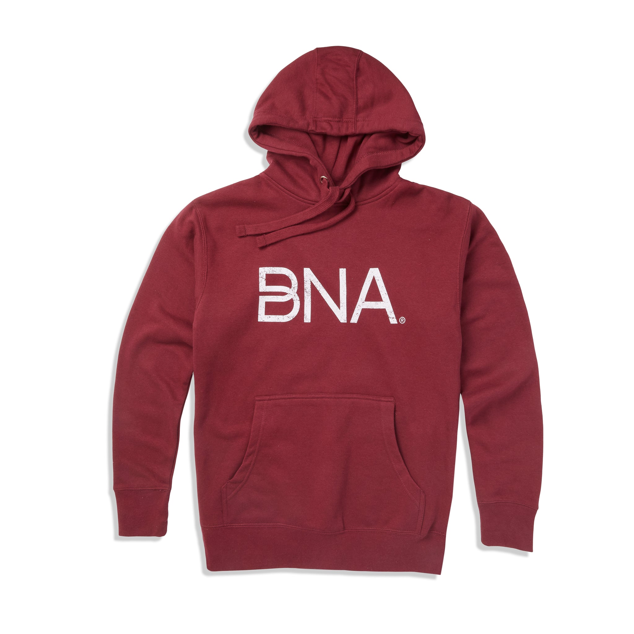 Maroon unisex hoodie with distressed white BNA logo