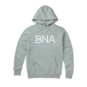 pale blue unisex hoodie featuring white distressed BNA logo centered on chest