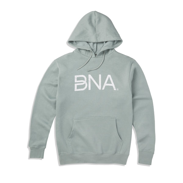 pale blue unisex hoodie featuring white distressed BNA logo centered on chest