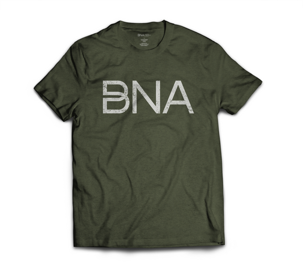 Flat view of Heather Olive BNA Logo Tee.