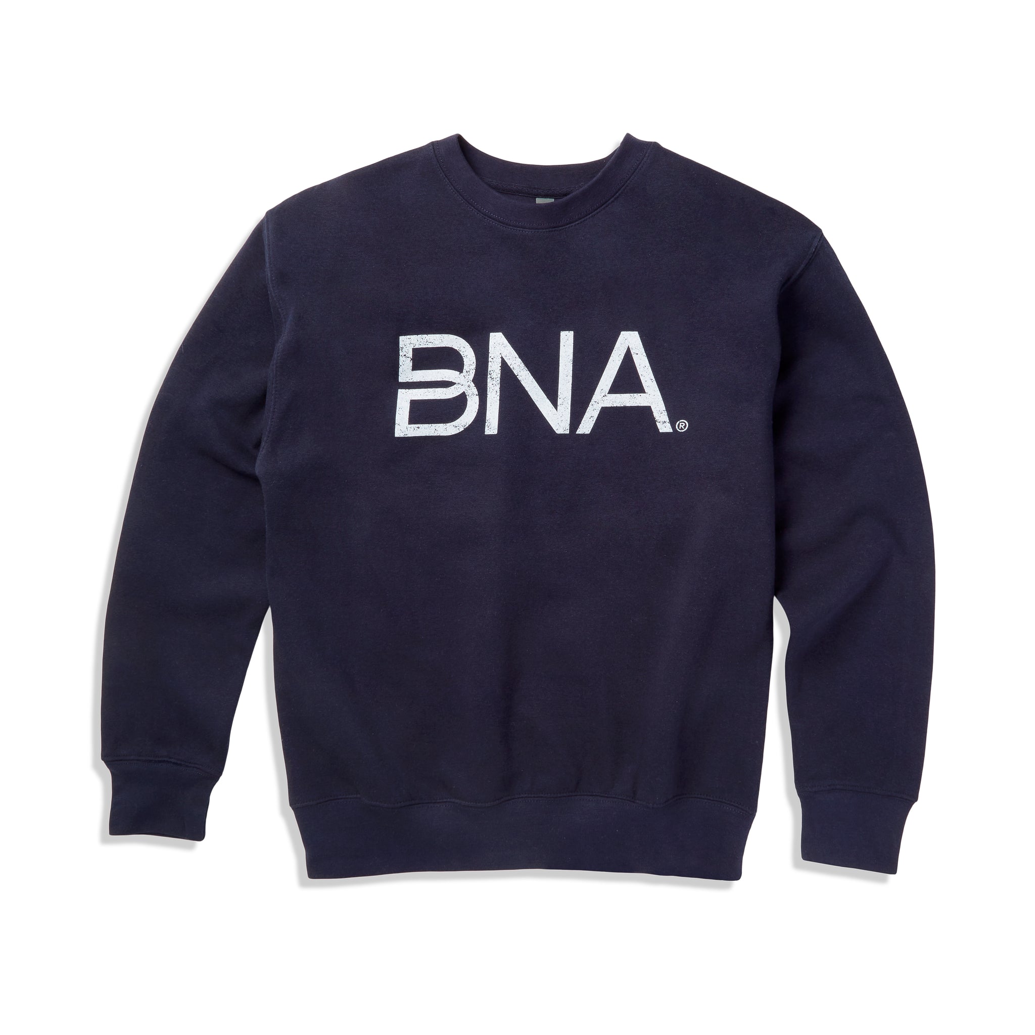 Unisex crewneck sweatshirt in navy blue featuring distressed white BNA logo on center of chest.