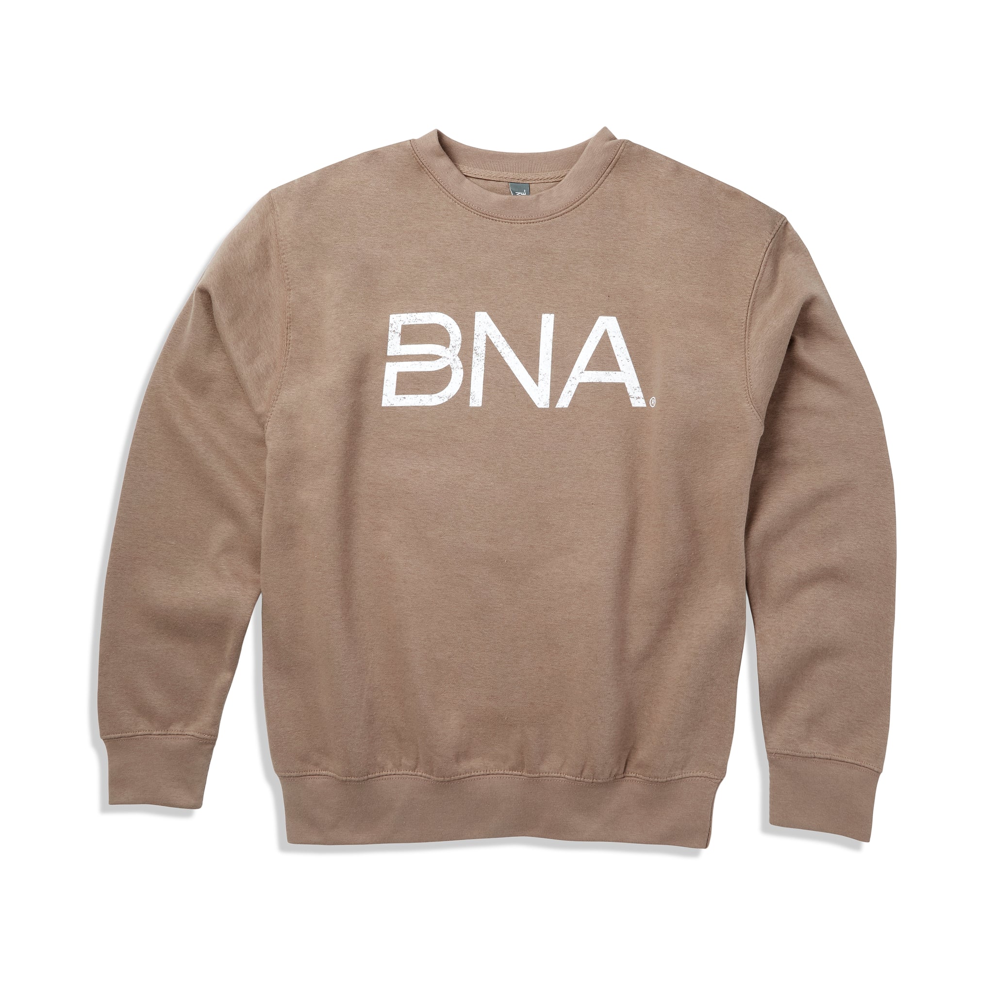 taupe colored crewneck sweatshirt featuring a white distressed BNA logo center of the chest