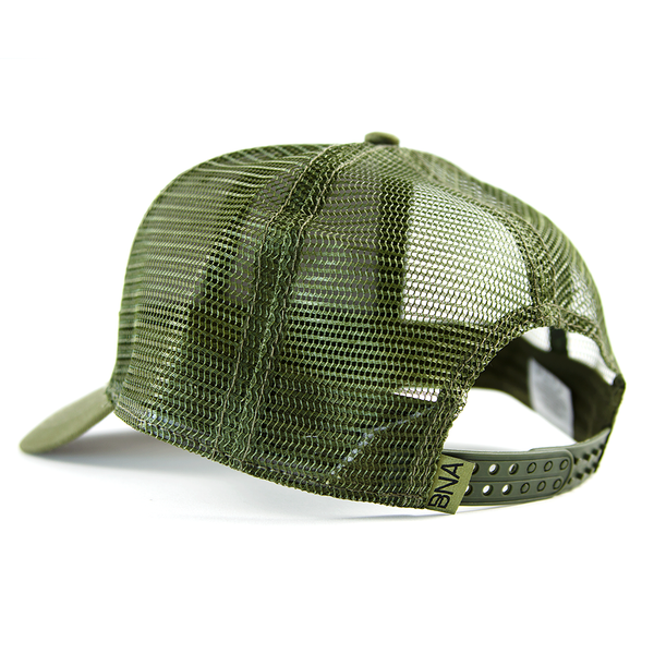 Back view of Olive BNA Patch Trucker Hat -- features snapback detail and mesh side and back panels.