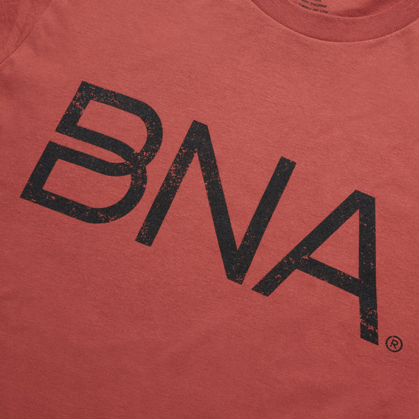 detail shot of black BNA logo screenprinted on rust colored t-shirt.