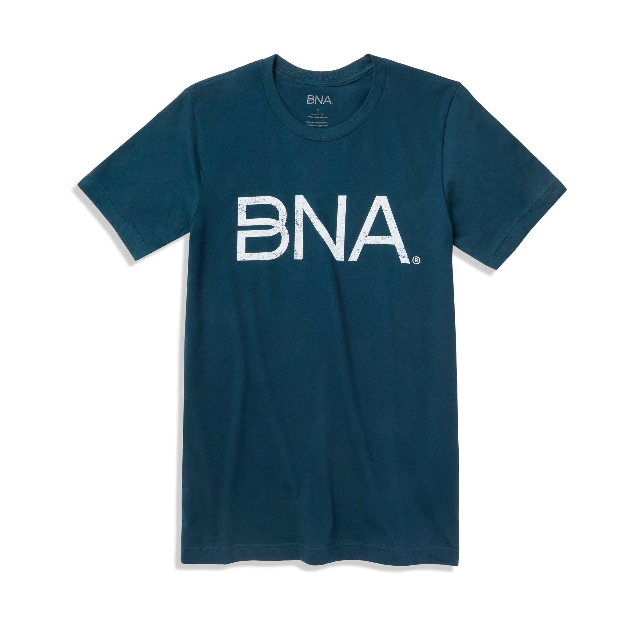 Dark teal unisex t-shirt featuring distressed white BNA logo screenprinted on center of chest.