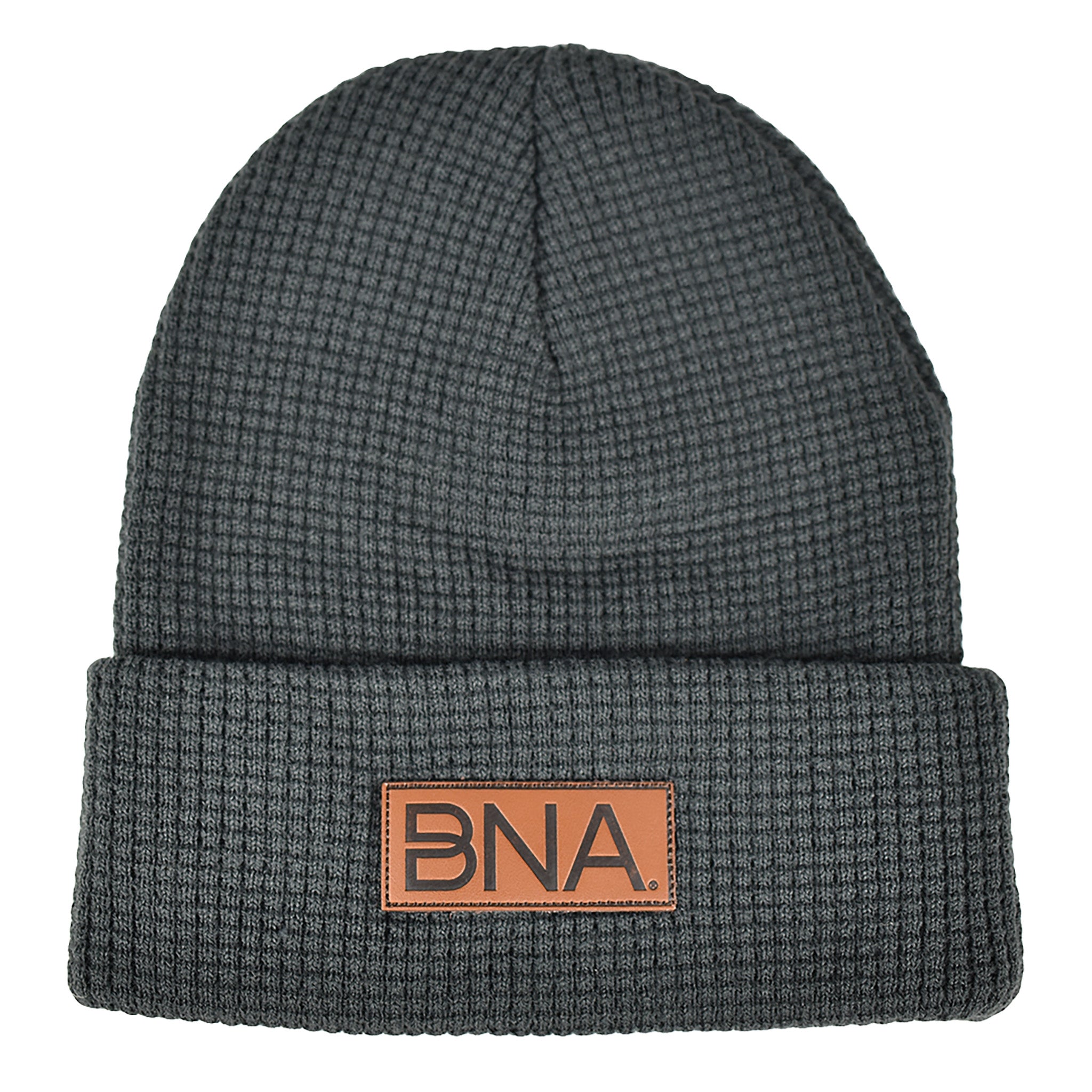 Charcoal gray waffle knit beanie with brown faux leather patch on cuff.  Patch features debossed BNA logo.