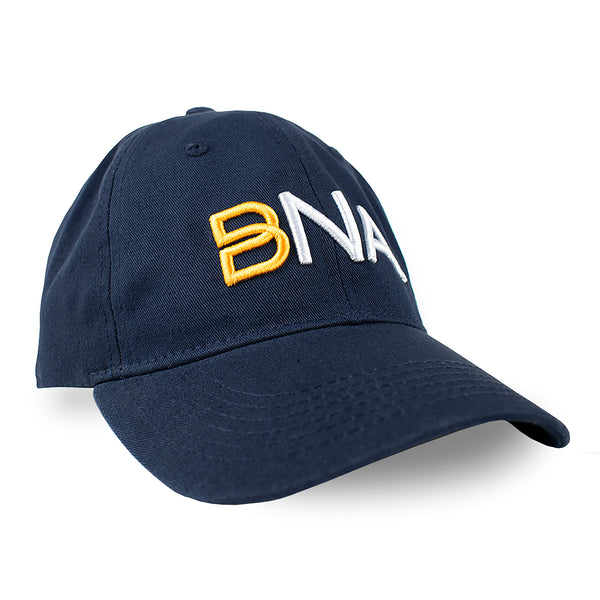 side view of front of hat.  Navy blue ballcap with BNA logo.  B is gold and NA is white.