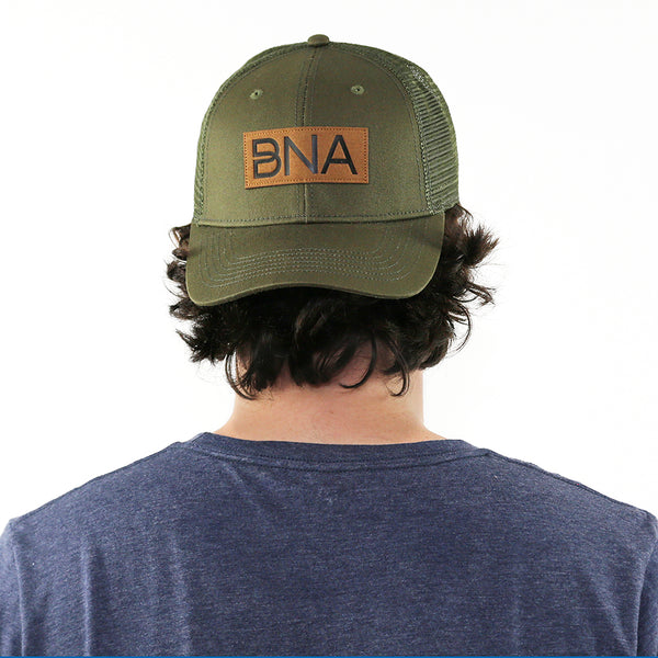 Photo of model wearing BNA Leather Patch Trucker Backward