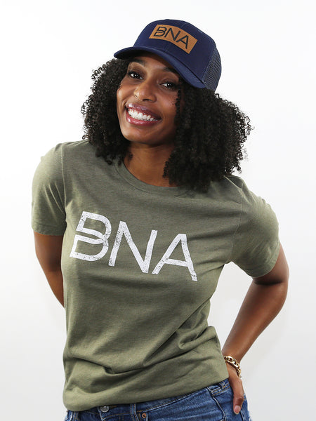 Photo of model wearing BNA Leather Patch Trucker 